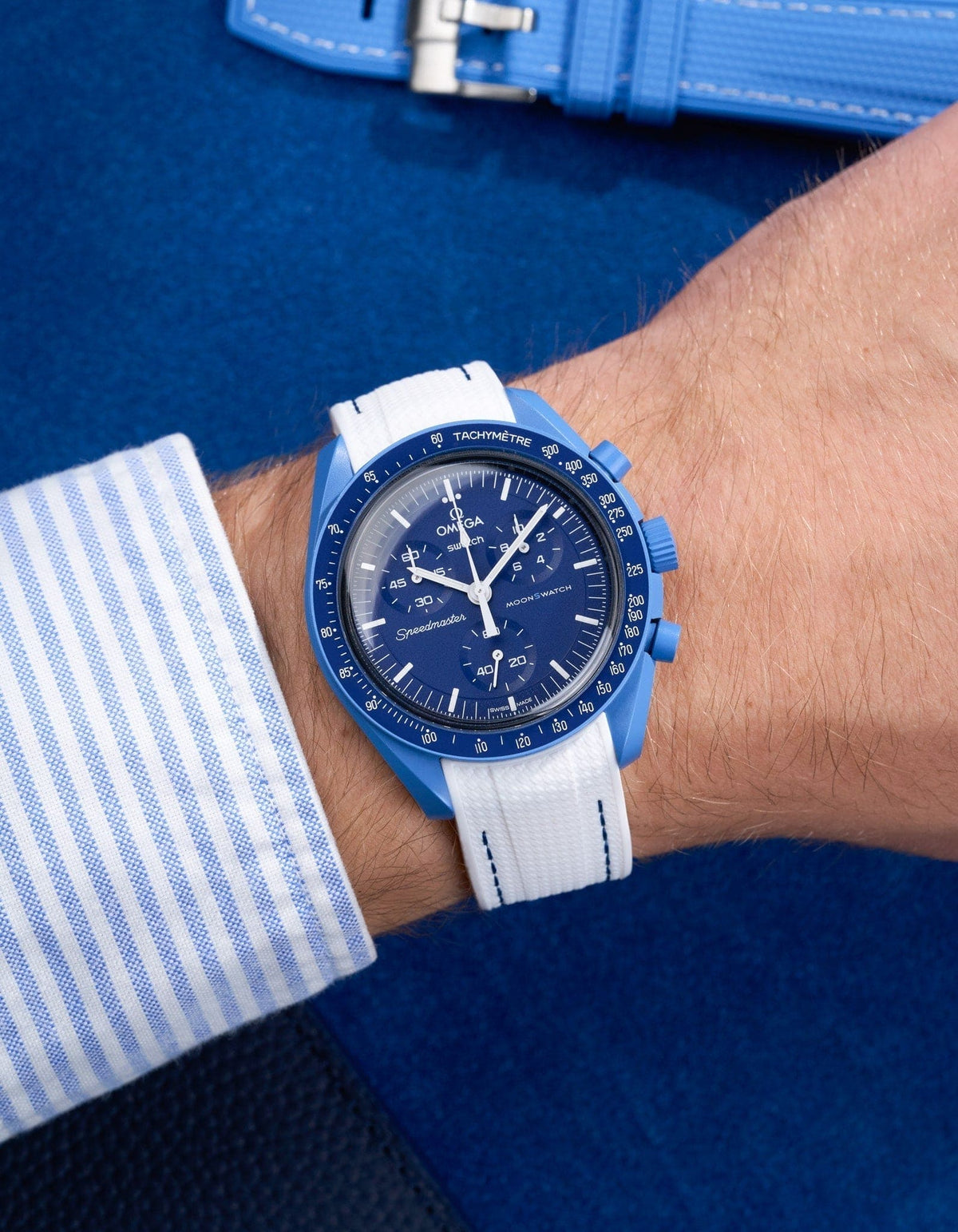 Curved Vertech Rubber Strap - White & Blue Stitches - OM Luxury